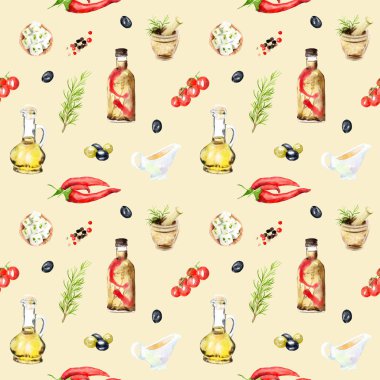 suluboya çizimler. Yunan mutfağı, seamless modeli