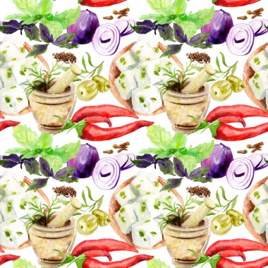 suluboya çizimler. Yunan mutfağı, seamless modeli