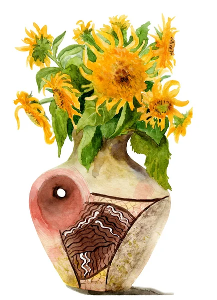 Quadro a aquarela de um girassol em um vaso — Fotografia de Stock