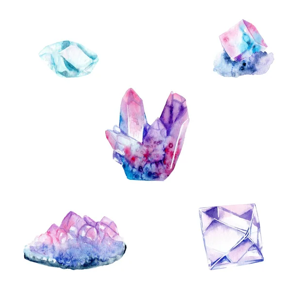 Aquarel tekeningen, kleurrijke kristallen. Crystal zout, kristal, diamant — Stockfoto