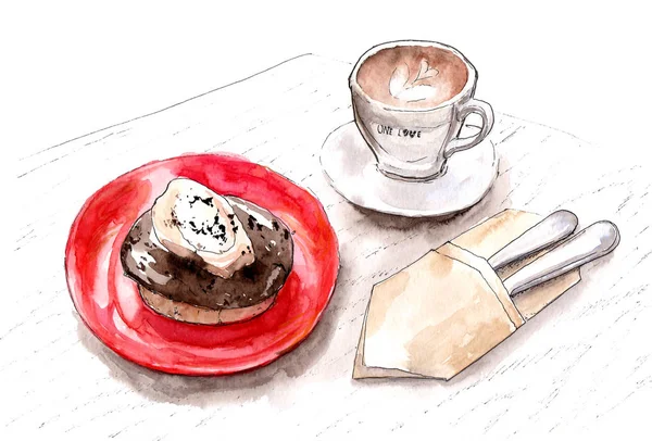 수채화 그리기 케이크와 커피의 자연에서 스케치 — 스톡 사진
