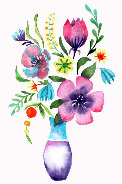 Акварельний Малюнок Букета Квітів Вазі Ескіз — стокове фото