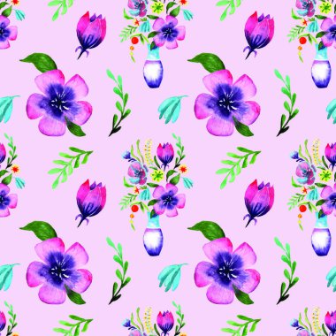 Suluboya bir vazo içinde bir buket çiçek çizim. Seamless modeli