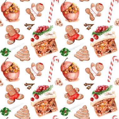 Noel tatlılar, seamless modeli konulu suluboya çizimler