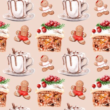 Noel tatlılar, seamless modeli konulu suluboya çizimler