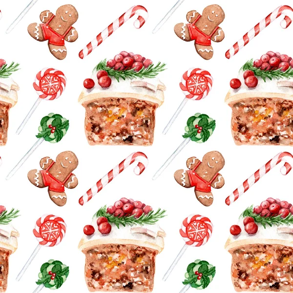 Dibujos Acuarela Sobre Tema Dulces Navidad Patrón Sin Costuras —  Fotos de Stock
