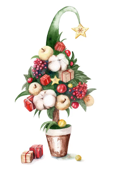 Pintura Aquarela Uma Árvore Natal Pote Esboço — Fotografia de Stock