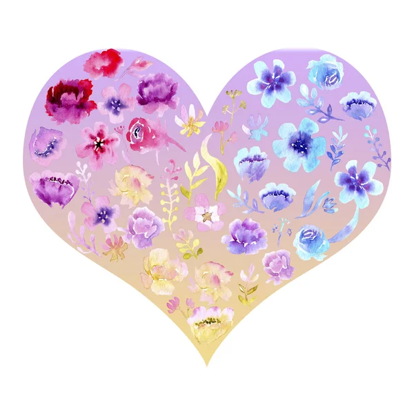 水彩画的花朵在心脏 恋人天 情人节 — 图库照片