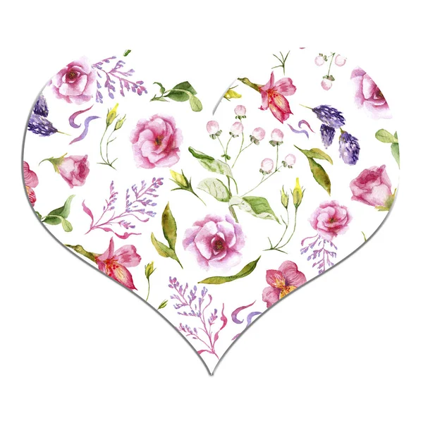 Aquarel bloemen in hart, liefhebbers dag, dag van de valentones — Stockfoto