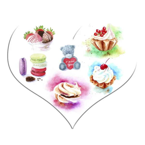 Watercolor sweets in the heart, a bear with a heart, Valentines Day — Stock Photo, Image