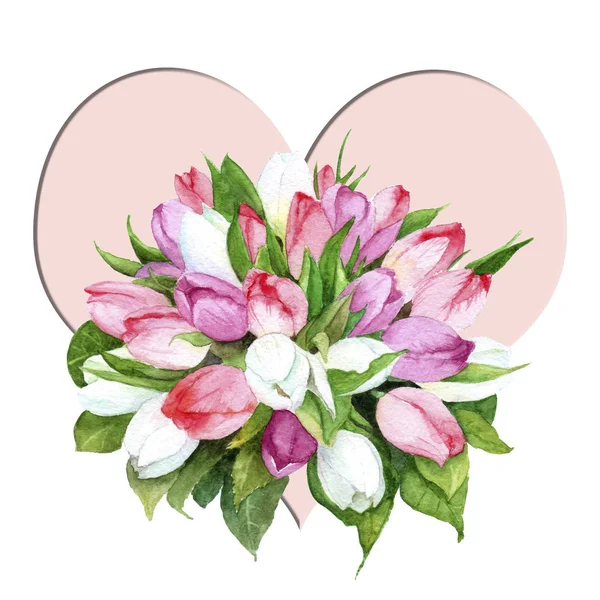 Bouquet aquarela de tulipas com um coração, dia dos namorados — Fotografia de Stock