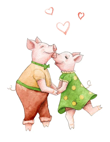 watercolor drawing. two pigs in love, sketch