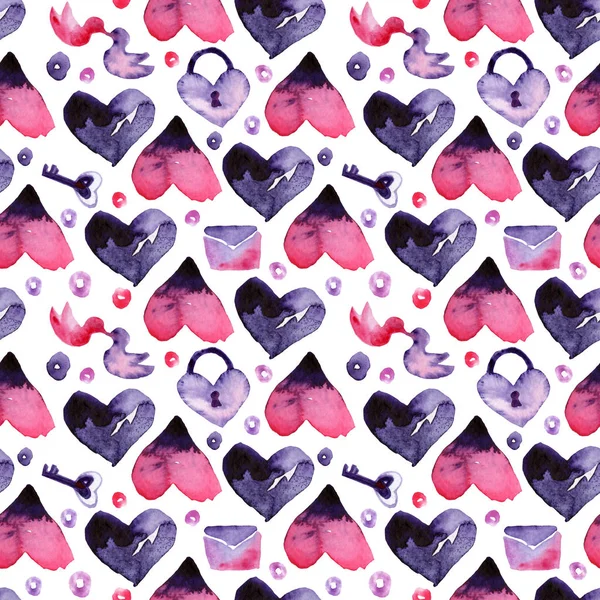 Akvarell teckningar för alla hjärtans dag, sömlösa mönster — Stockfoto