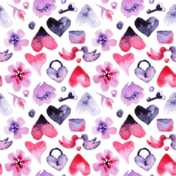 발렌타인 데이, 완벽 한 패턴에 대 한 수채화 그림 — 스톡 사진