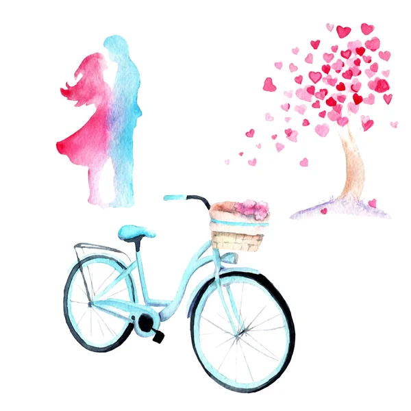 Desenhos Aquarela História Amor Uma Árvore Com Corações Uma Bicicleta — Fotografia de Stock