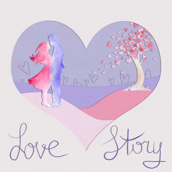 Υδατογραφίες και σχέδιο Love story: ένα χαρτί πολυεπίπεδη κάρτα με ένα ζευγάρι στην αγάπη, ένα δέντρο με καρδιές — Φωτογραφία Αρχείου