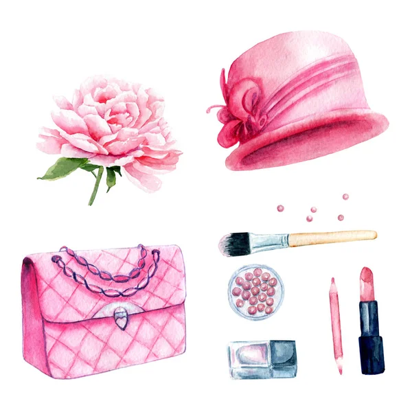 Aquarell Zeichnungen Frauensachen Hut Handtasche Kosmetik Pfingstrose Set — Stockfoto