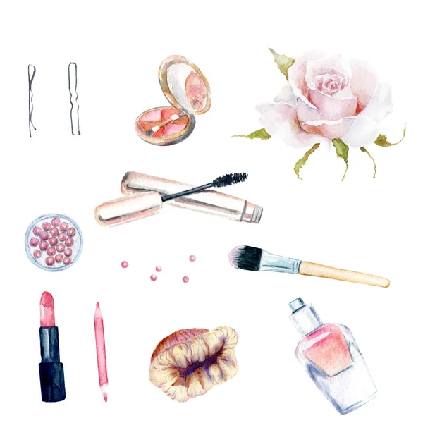 Dessins Aquarelle Les Choses Des Femmes Cosmétique Rose Corail Parfum — Photo