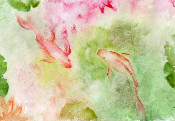 watercolor drawing two koi fish with background