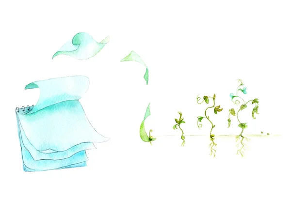 Bezelye, sayfaları tohumları ile büyüyen büyüyen suluboya desen — Stok fotoğraf