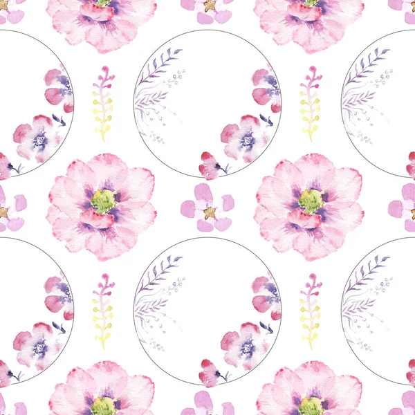 Acuarela dibujo de flores, flores en un círculo, patrón sin costuras —  Fotos de Stock