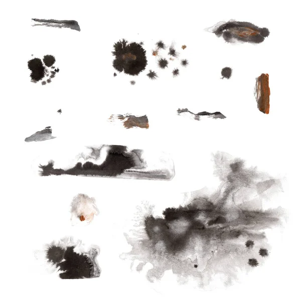 黑色墨水污渍, 金丙烯酸滴, 银 — 图库照片