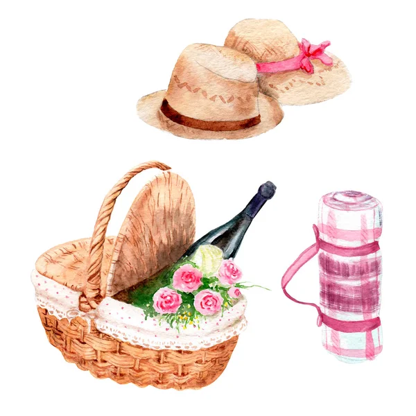 Piknik w stylu akwarele: kosz z kwiatami i wina, kapelusze, koc piknikowy — Zdjęcie stockowe