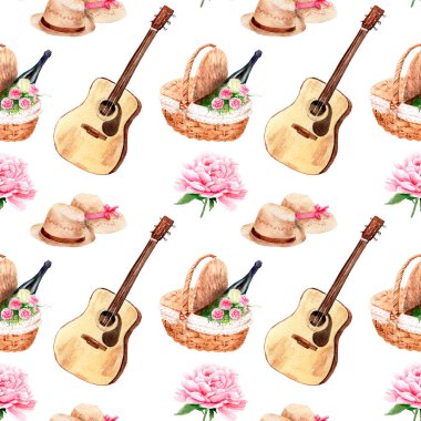 Piknik - Dikişsiz desen konulu suluboya çizimler