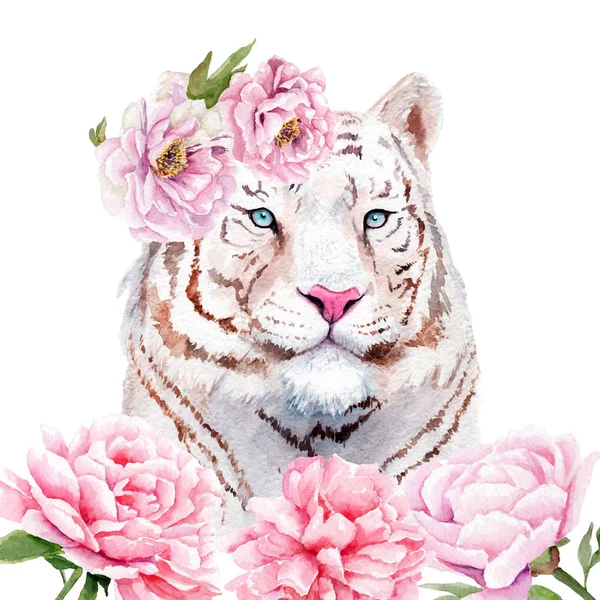 Aquarela pintura de um tigre branco em flores — Fotografia de Stock