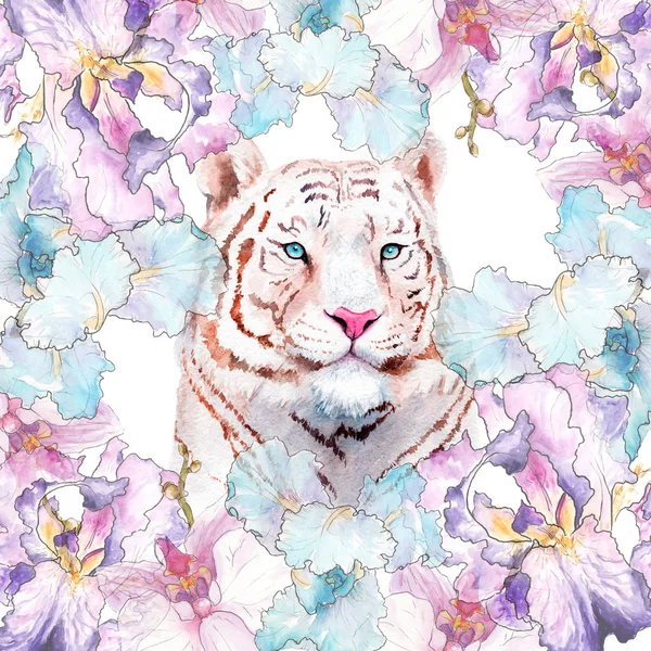 Acuarela pintura de un tigre blanco en flores —  Fotos de Stock