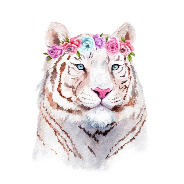 꽃에 흰 호랑이의 수채화 그림 — 스톡 사진