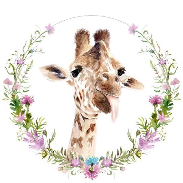 Aquarellzeichnung eines Tieres - Giraffe in Blumen — Stockfoto