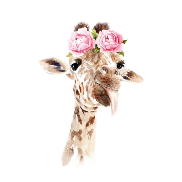 Desenho a aquarela de um animal - girafa em flores — Fotografia de Stock