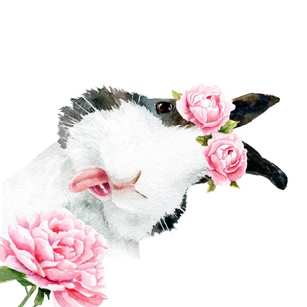 Dessin aquarelle d'un animal - lapin en fleurs — Photo