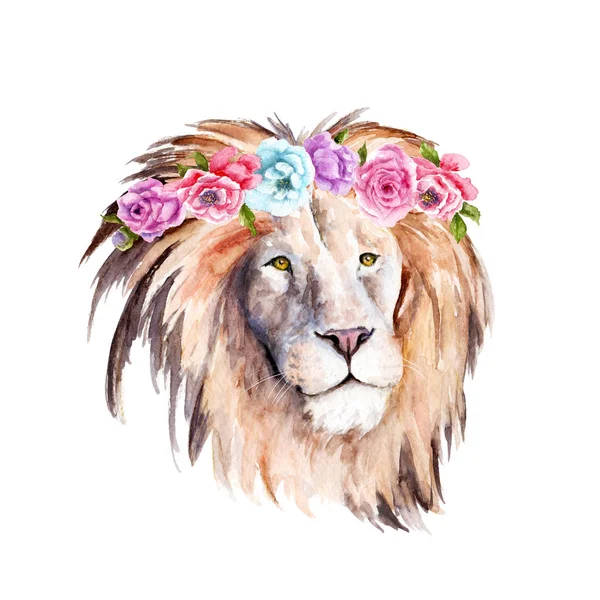 Dessin aquarelle d'un animal - un lion dans les fleurs et les feuilles — Photo