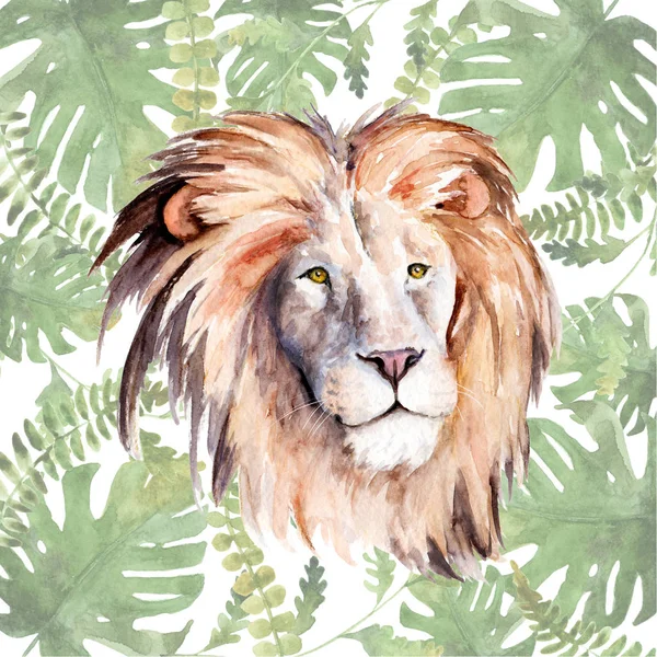 Akwarela rysunek zwierzęcia-lew w kwiatach i liści — Zdjęcie stockowe