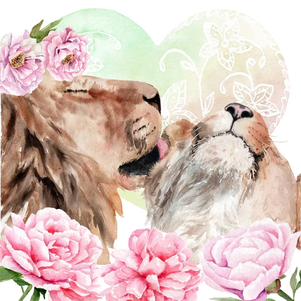 suluboya çizim - çiçek iki aslan, hayvan, kedi