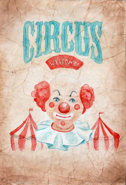 Watercolor painting on crumpled old paper - circus, clown — Stock Photo, Image