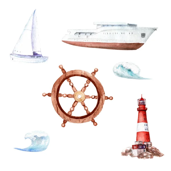 Disegni ad acquerello viaggio in mare, vela, vela, viaggio — Foto Stock