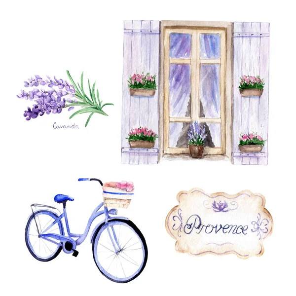 Dibujos de acuarela en estilo Provenza. set: ventana, bicicleta, lavanda —  Fotos de Stock