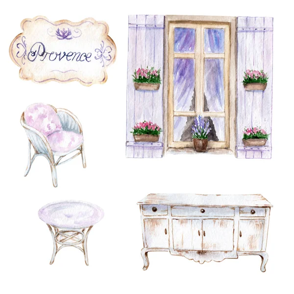 Provence tarzında suluboya çizimleri. pencere, sandalye, sandalye, masa, şifonyer — Stok fotoğraf
