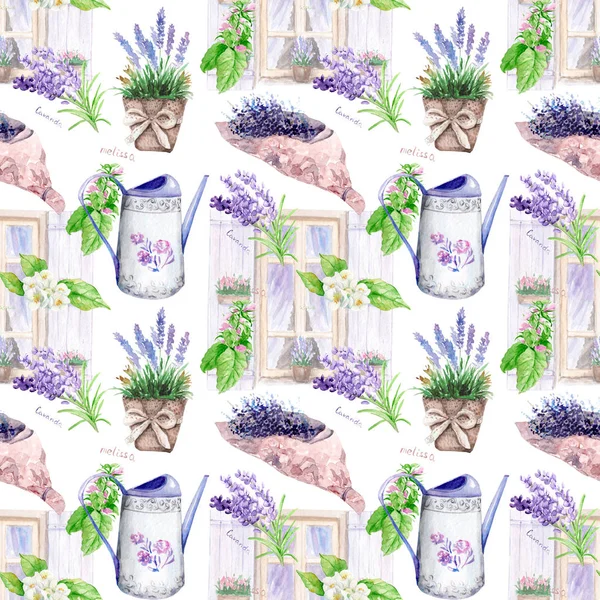 Aquarel Provence. tekeningen in een naadloos patroon. lavendel, meubilair, venster — Stockfoto