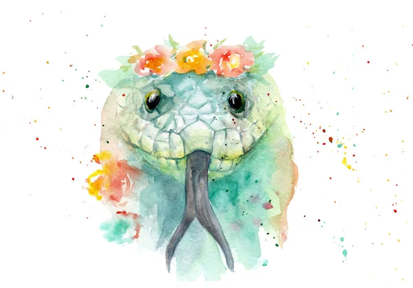 動物の水彩画 - 花のヘビ — ストック写真