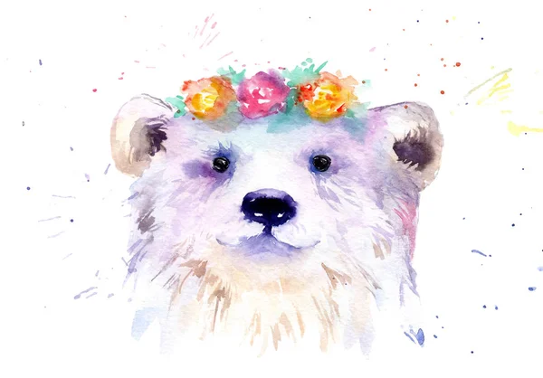 Akvarell állat rajz-fehér medve a virágok — Stock Fotó