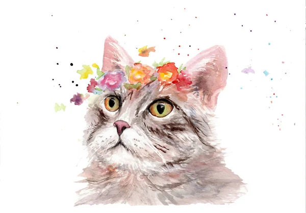 Aquarel tekening van een dier-kat in bloemen — Stockfoto