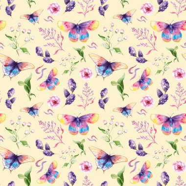 Kelebekler ve çiçekler suluboya çizimleri-Dikişsiz desen