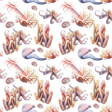 okyanus teması üzerinde suluboya çizimleri, deniz-Dikişsiz desen