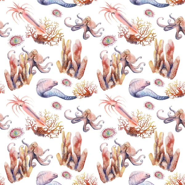 Watercolor drawings on the theme of the ocean, the sea - seamless pattern — Stock Photo, Image