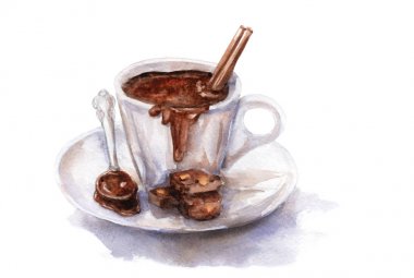 watercolor drawing a cup of hot chocolate with chocolate