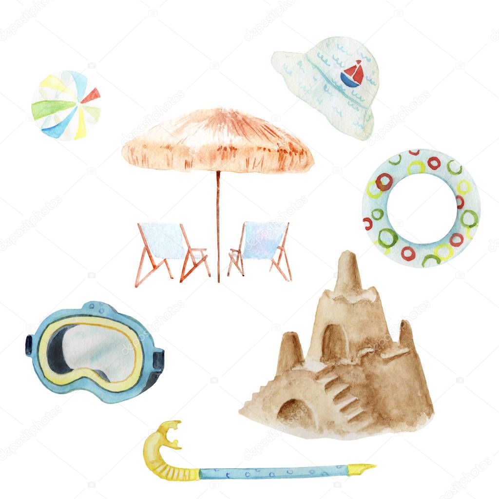 watercolor set of drawings on the theme of children's beach